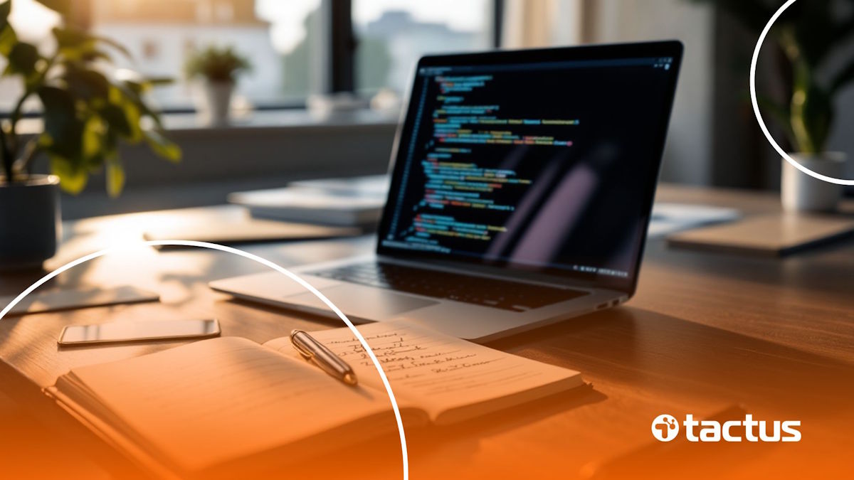 Como abrir CNPJ para programador: laptop com código, bloco de notas e caneta em mesa de escritório moderna